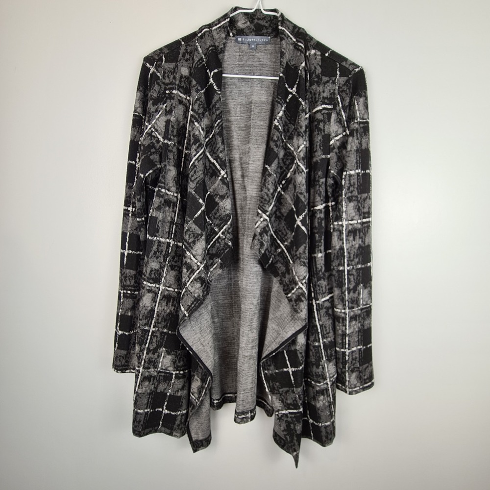 Elliot Lauren Black White Plaid Draping Open Cardigan Women's XS Long Sleeve Top